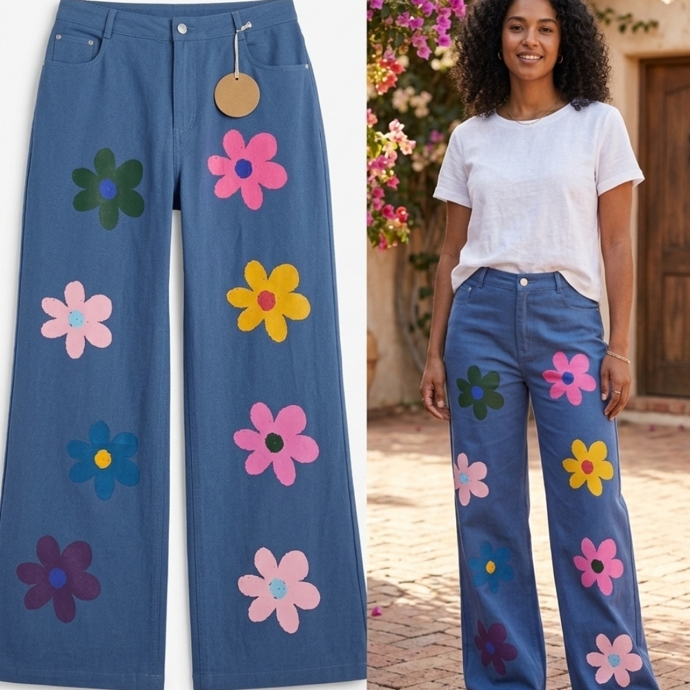 BiBi Blue Boot-Cut Pants with Multicolor Flower Motifs